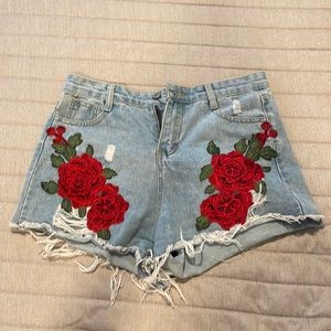 Red Rose Denim Shorts